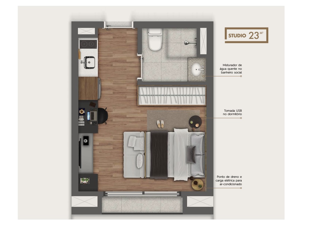 Planta - Brooklin, Apartamento Studio 1 dormitorio e terraço, 23m². Metro Brooklin. Novo, à venda em São Paulo, Zona Sul - SBRX