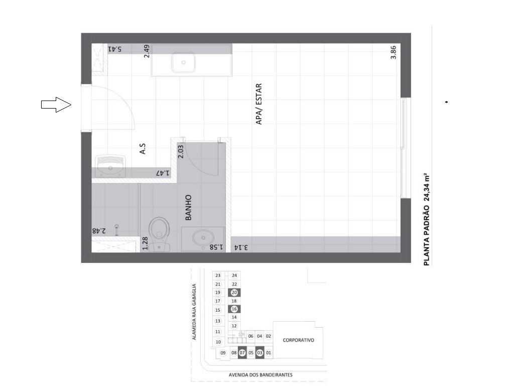 Planta - Apartamento, pronto para morar, Studio, 1 dormitorio, 25m², Vila Olimpia, novo, à venda em São Paulo, Vila Olímpia. - SBRX