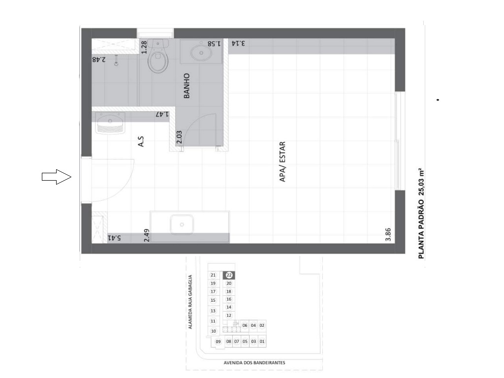 Planta - Apartamento, pronto para morar, Studio, 1 dormitorio, 25m², Vila Olimpia, novo, à venda em São Paulo, Vila Olímpia. - SBRX