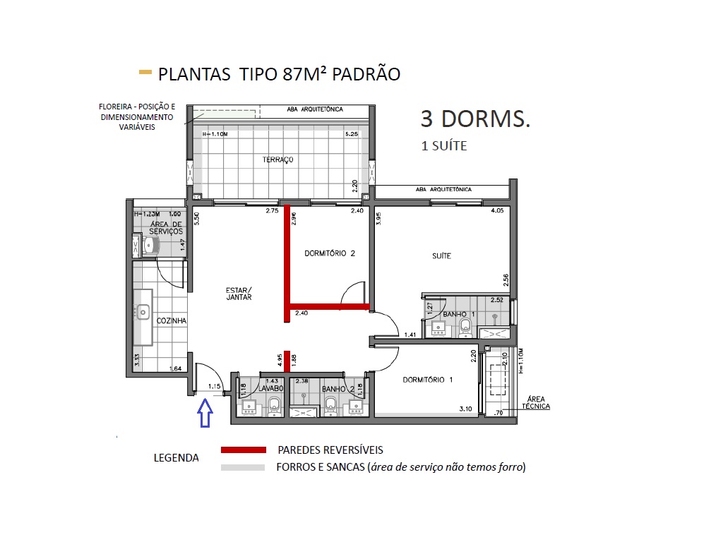 Planta - Apartamento com 3 Dormitórios, Suíte ou 2 Suites, Terraço e Vaga. 87m². Venda, em São Paulo, Zona Sul, Vila Mariana, Mirandopolis - SBRX