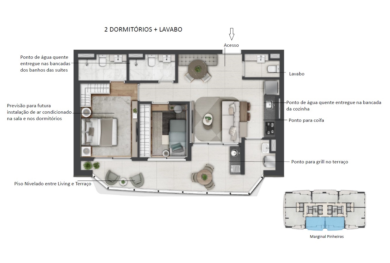 Planta - Apartamento com 2 Dormitorios, suite e amplo terraço e vaga. 77m², à venda em São Paulo, Real Parque, Parque Global - SBRX