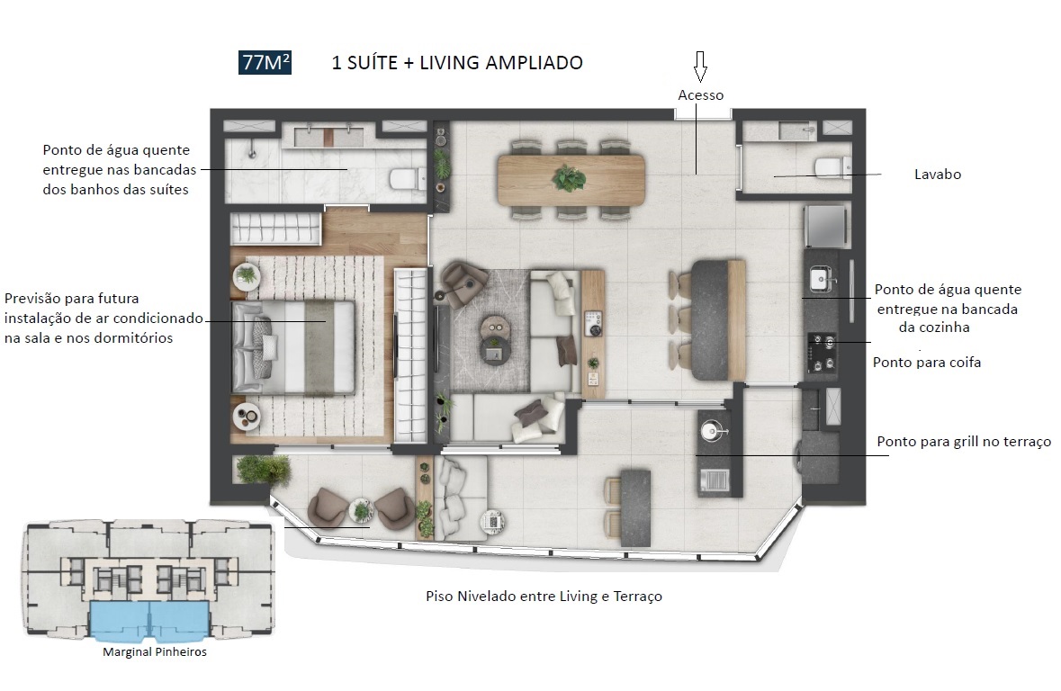 Planta - Apartamento com 2 Dormitorios, suite e amplo terraço e vaga. 77m², à venda em São Paulo, Real Parque, Parque Global - SBRX