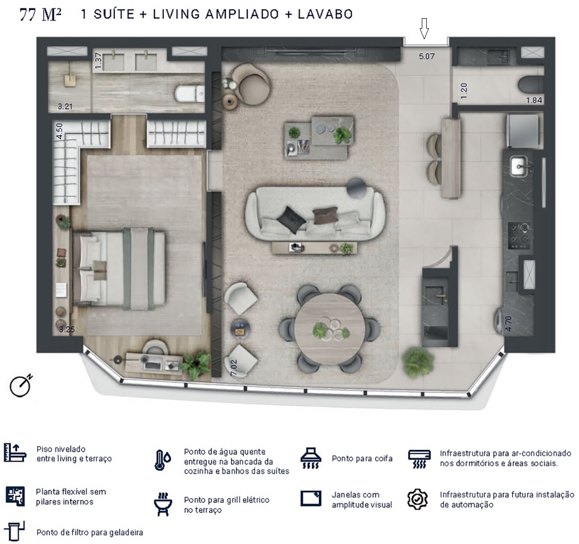 Planta - Apartamento com 2 Dormitorios, suite e amplo terraço e vaga. 77m², à venda em São Paulo, Real Parque, Parque Global - SBRX