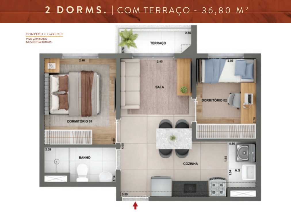 Planta - Apartamento à venda, Freguesia do Ó, 2 quartos, terraço 36m². Lazer. 400m da breve Estação Freguesia do Ó. Financiamento Caixa. Minha Casa Minha Vida - SBRX