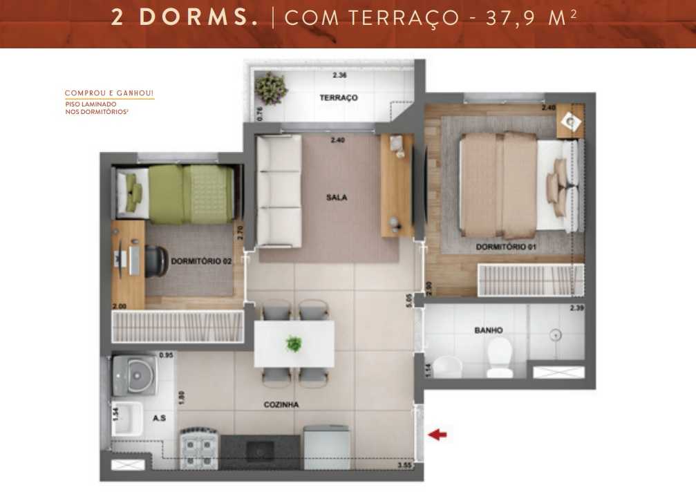 Planta - Apartamento à venda, Freguesia do Ó, 2 quartos, terraço 38m². Lazer. 400m da breve Estação Freguesia do Ó. Financiamento Caixa. Minha Casa Minha Vida - SBRX