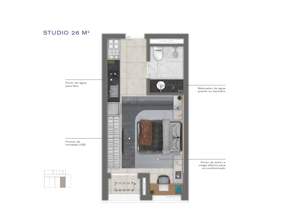 Planta - Apartamento Studio 1 dormitorio e terraço. 32m. Novo à venda, Metro Vila Madalena. Vila Madalena, Pompeia. - SBRX