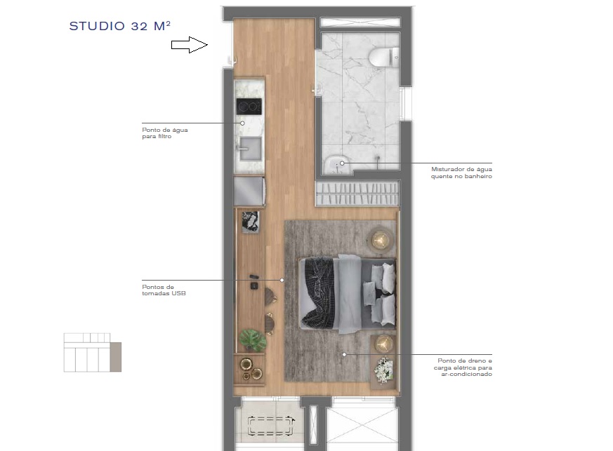 Planta - Apartamento Studio 1 dormitorio e terraço. 32m. Novo à venda, Metro Vila Madalena. Vila Madalena, Pompeia. - SBRX